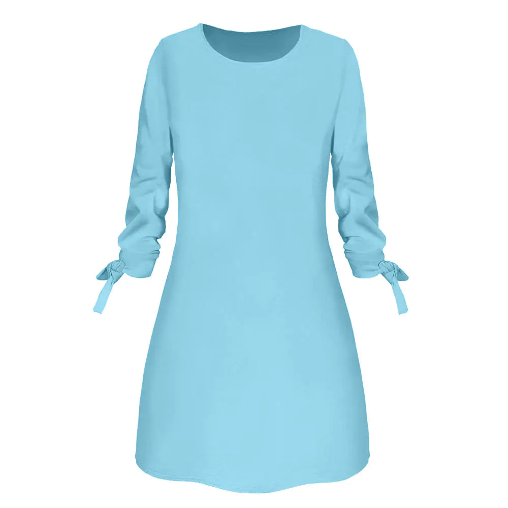 Solid Color Casual Dress with O-Neck and Tie Detail