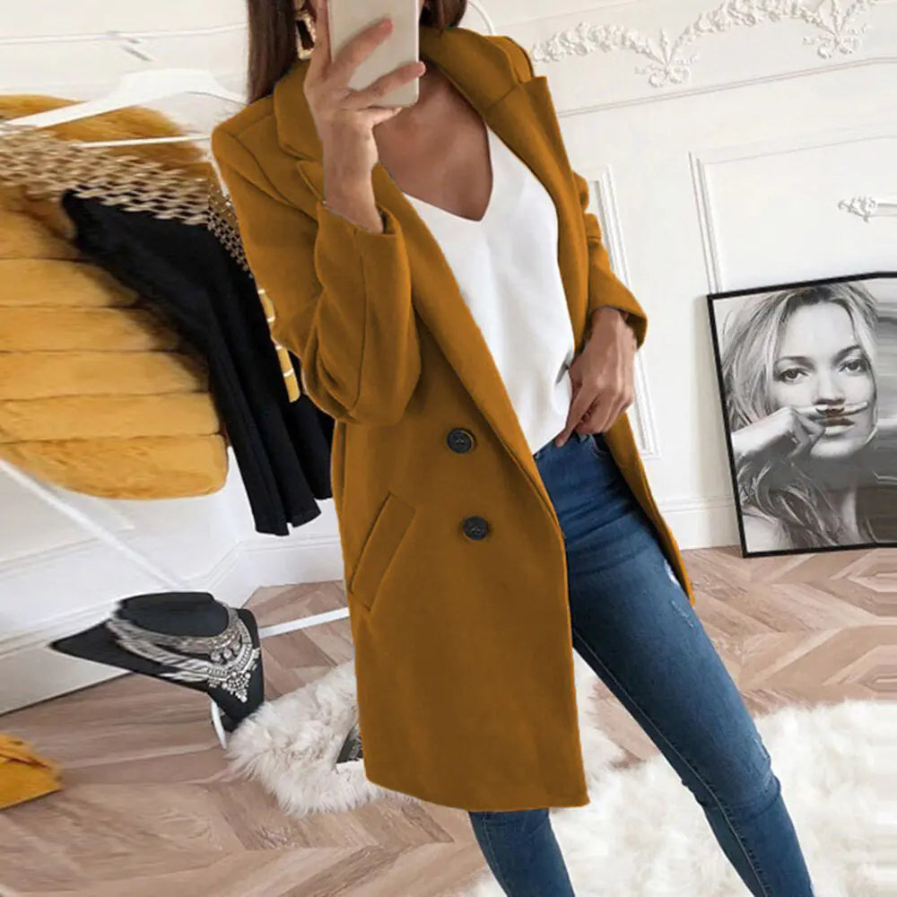 Elegant Long Wool Blend Coat with Buttons for Women