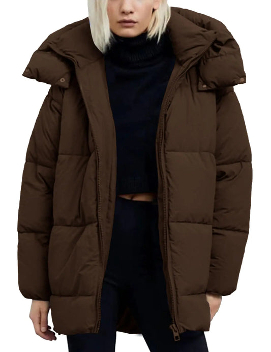 Women’s Winter Puffer Coat – Hooded Full Zip Jacket with Pockets