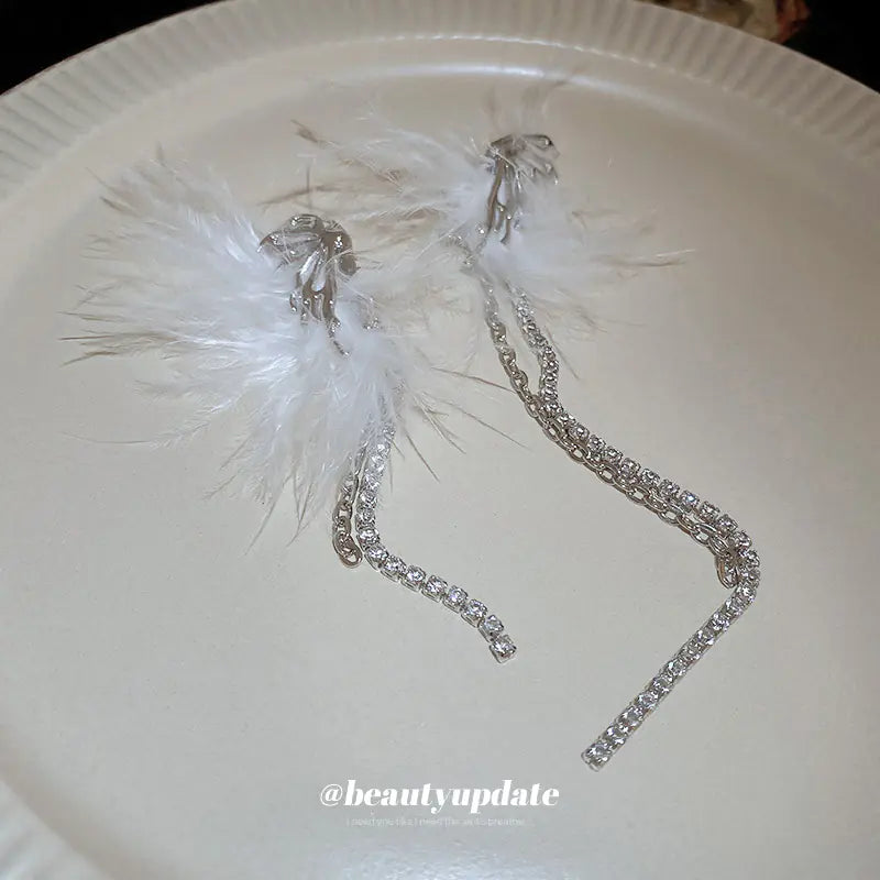 Asymmetrical Silver Needle Feather Butterfly Earrings