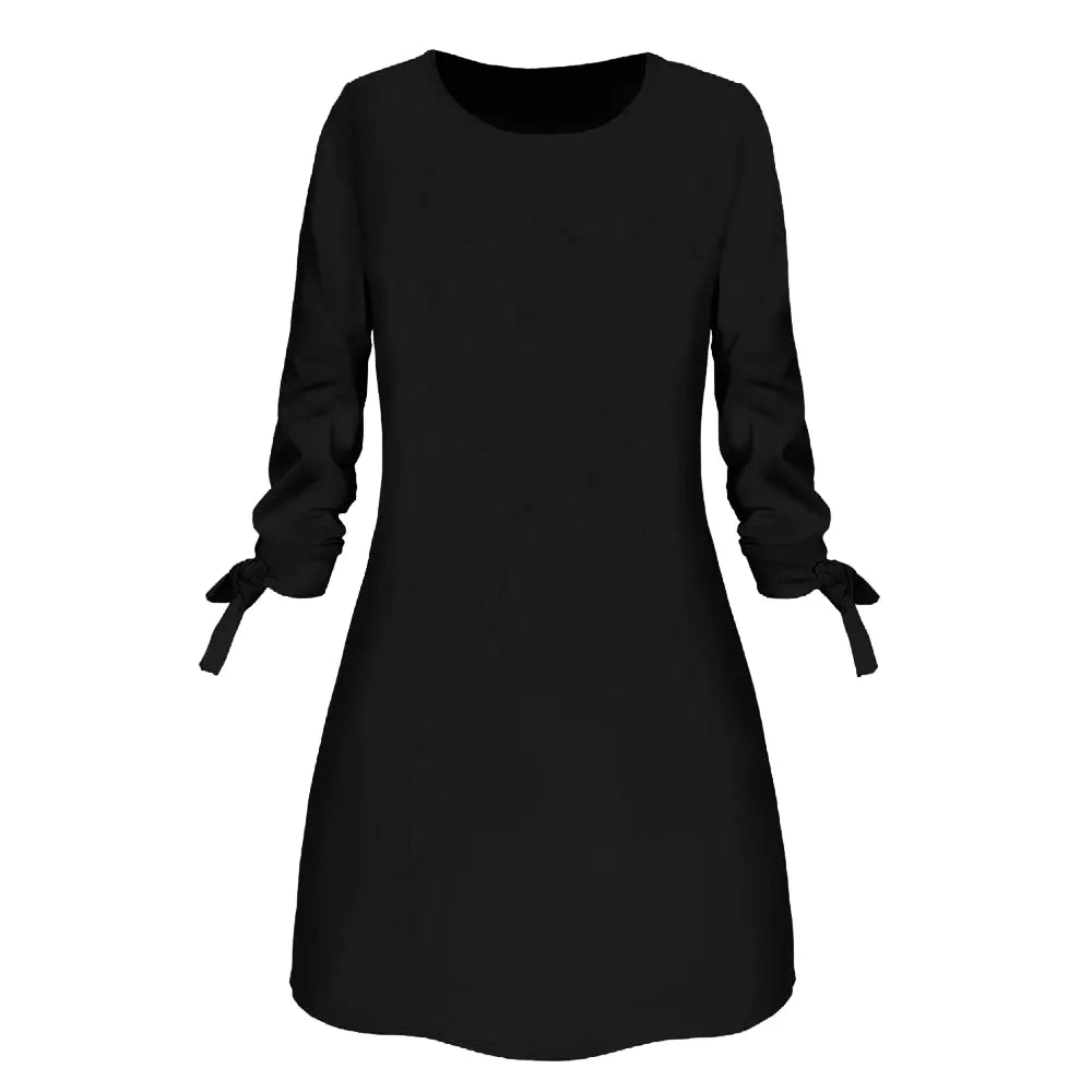 Solid Color Casual Dress with O-Neck and Tie Detail