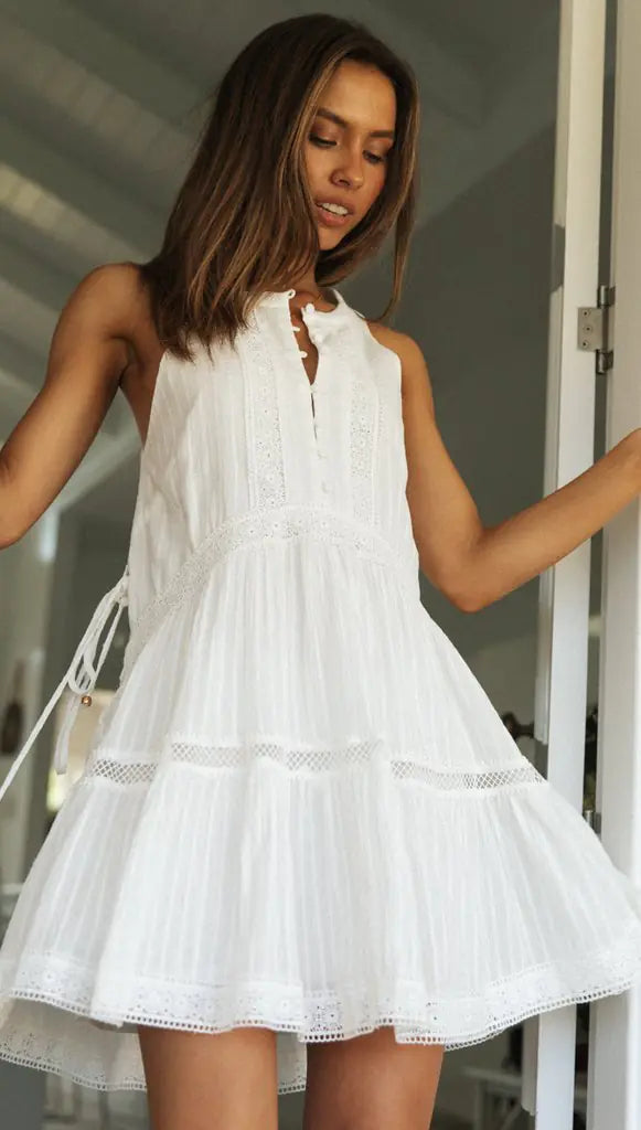 2022 Women's Lace-Panel Vacation Dress with Buttons