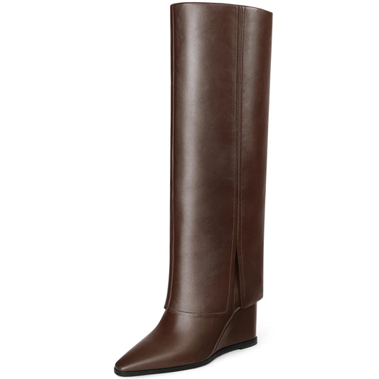 MUCCCUTE Brown Fold Over Boots for Women - Knee High Pointed Toe Wedge Tall Boots with Full Side Zipper PU Long Boot US Size 10