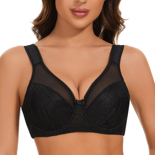 sheroine Womens Underwire Lace Minimizer Unpadded Bra Plus Size Full Coverage Floral Lifting Bras(Black36DDD)