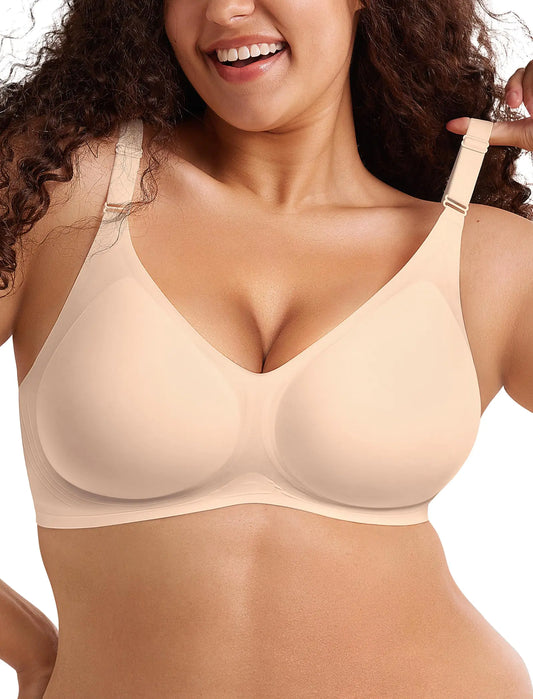 LetsJoli Push Up Seamless Bras for Women No Underwire Support and Lift V Neck Wireless Full Coverage Bralettes Everyday Bras Nude