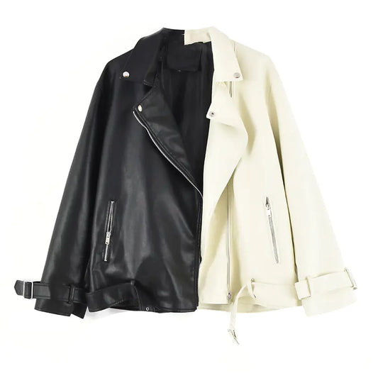 Black and White Color Block Biker Jacket for Women
