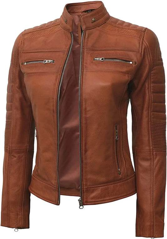fjackets Brown Leather Jacket Women - Cafe Racer Slim Fit Tan Genuine Leather Jacket Women | [1313712] Austin Brown S