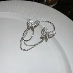 Asymmetrical Silver Needle Feather Butterfly Earrings