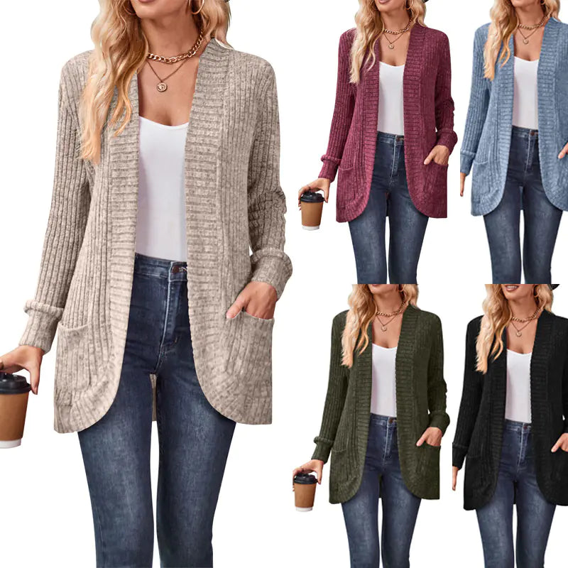 2023 Autumn New Solid Color Striped Long Sleeve Cardigan