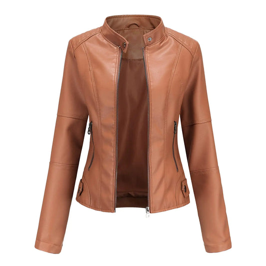 DEAR MODEL Women’s Faux Leather Jacket – Belted Moto Biker Bomber Coat Camel