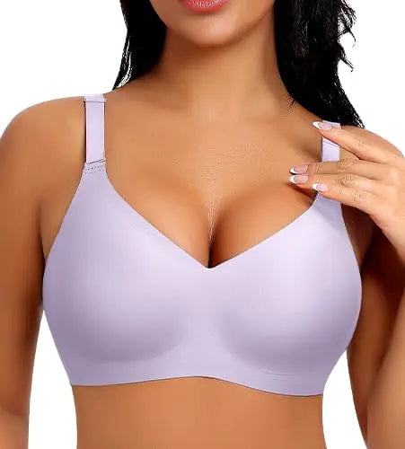 SINFLA V Neck Wireless Bras for Women No Underwire Seamless Bra Full Coverage No Wire Tshirt Bras (PurpleX-Large)