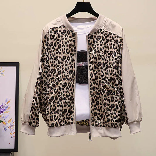 Leopard Print Color Block Short Jacket for Women