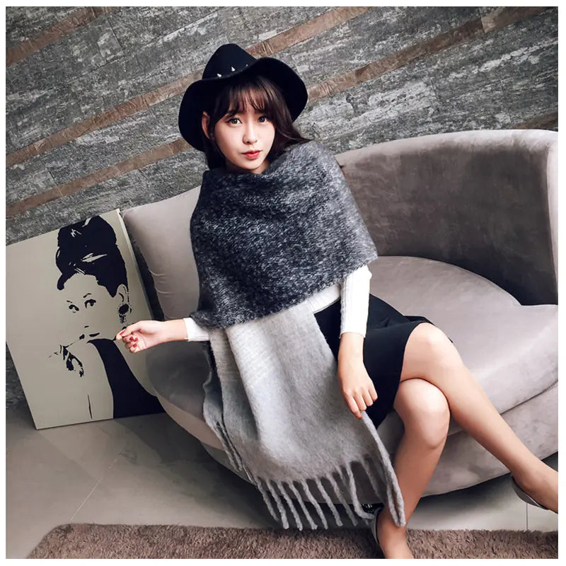 Thick Color-Block Scarf, Faux Cashmere Shawl for Women