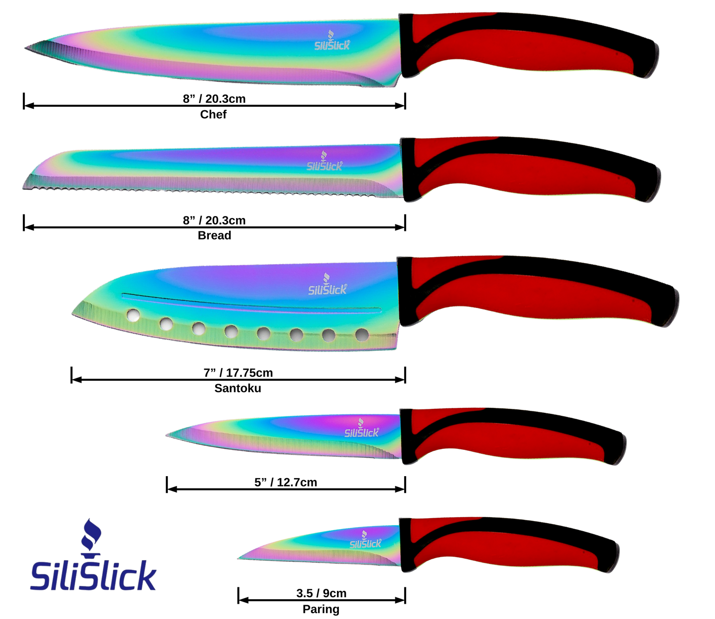 5-Piece Kitchen Knife Set – Red Handle + Magnetic Black Holder | Chef, Santoku & Utility
