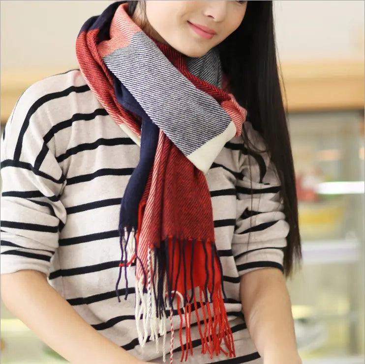 Winter Plaid Scarf for Women - Long Fringe Shawl