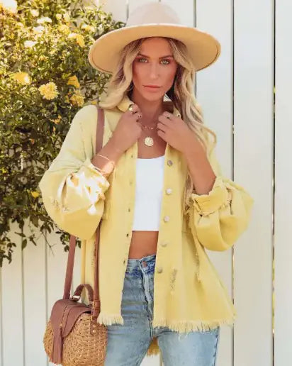 Women’s Distressed Jean Jacket – Casual Ripped Denim Coat