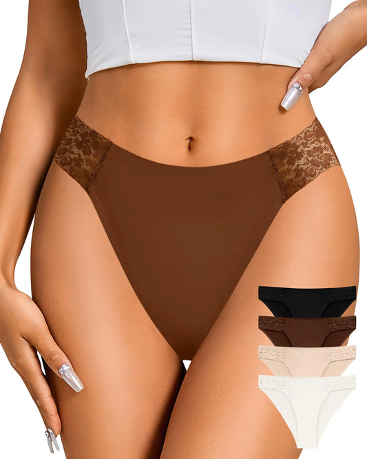 ASIMOON Womens Seamless Underwear No Show Bikini Underwear Sexy High Waisted Lace Panties Soft High Cut Panties 4 Pack