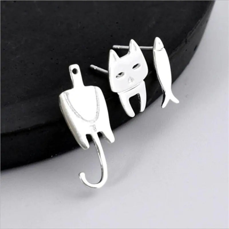 S925 Silver Asymmetrical Cat Fish Earrings for Women