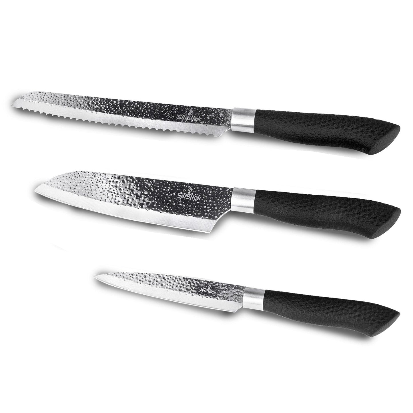 3-Piece Kitchen Knife Set – Embossed Hammered Blades | Santoku, Bread & Utility