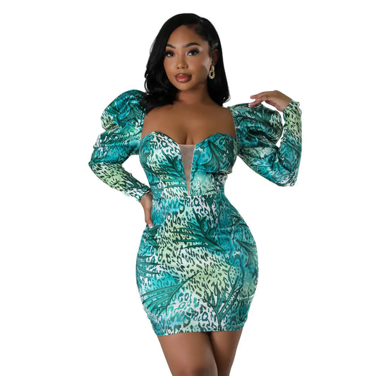 Printed Puff Sleeve Sheath Dress for Women