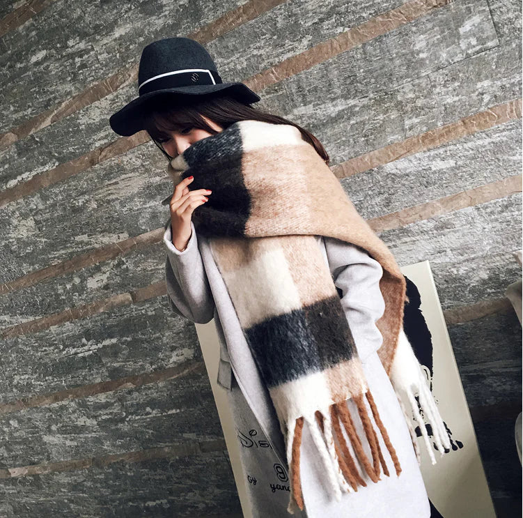 Thick Color-Block Scarf, Faux Cashmere Shawl for Women