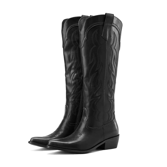 Eurouram Cowboy Boots Western Boots Women Knee High Boots Embroidered Chunky Block Heel Pointed Toes Cowgirl Boots