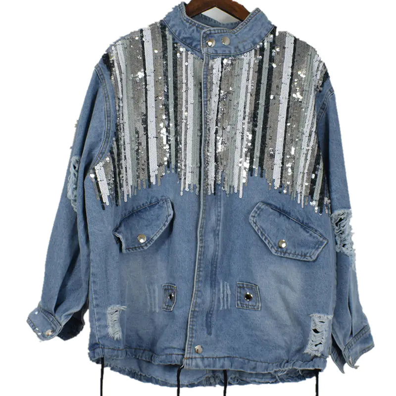 Striped Mid-Length Denim Jacket for Women – Casual Jean Coat