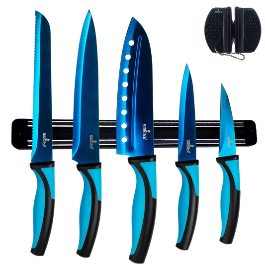 5-Piece Kitchen Knife Set – Blue Handle, Blue Blade & Black Magnetic Rack