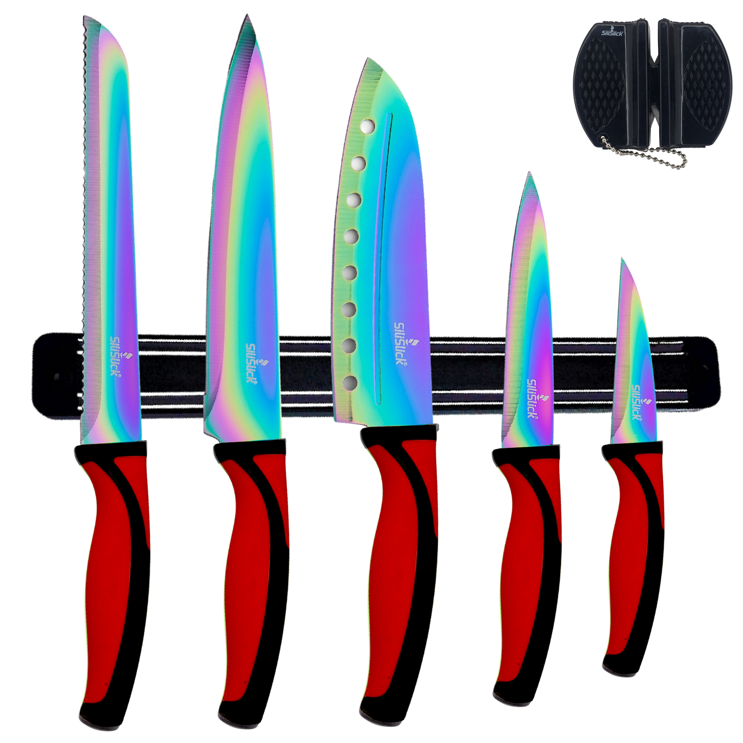 5-Piece Kitchen Knife Set – Red Handle + Magnetic Black Holder | Chef, Santoku & Utility