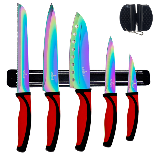 5-Piece Kitchen Knife Set – Red Handle + Magnetic Black Holder | Chef, Santoku & Utility