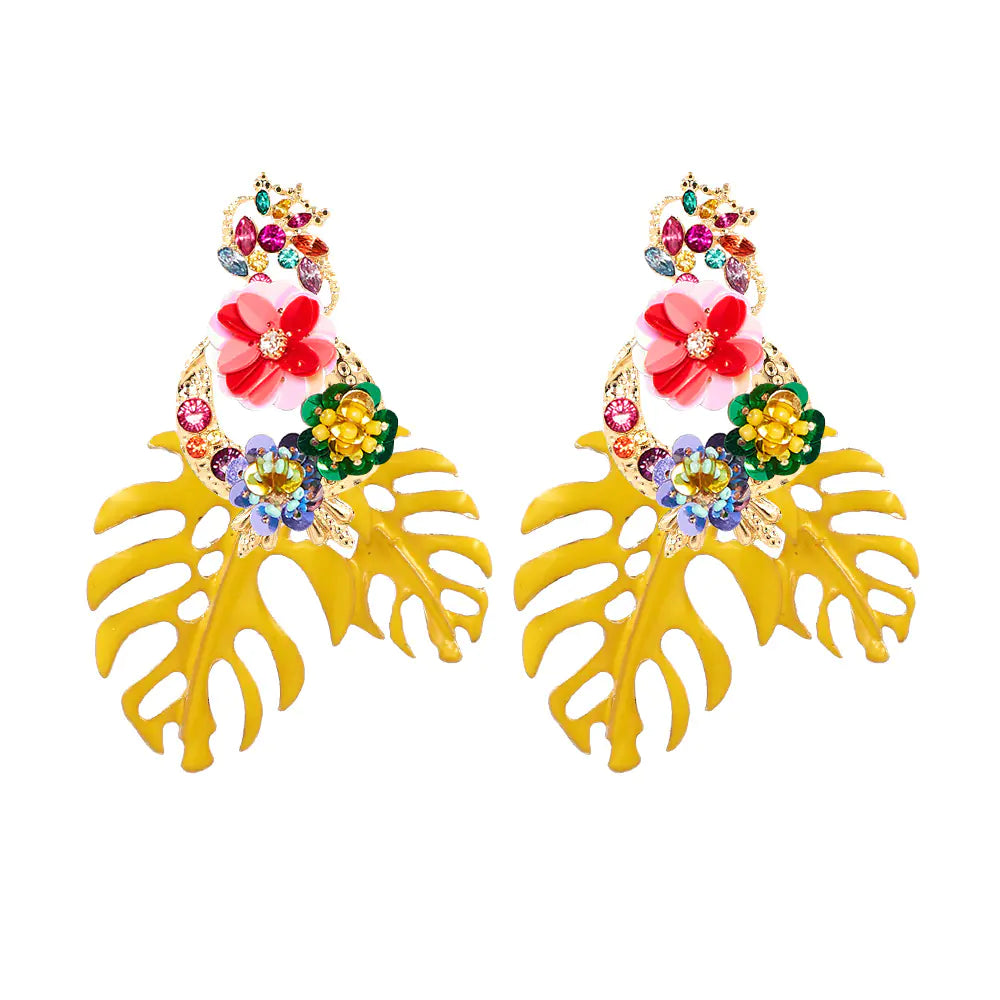 Exaggerated Flower Leaf Earrings with Rhinestones