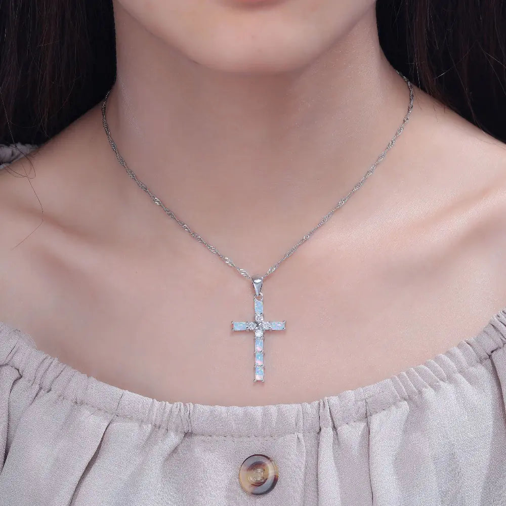 Opal Cross Pendant Necklace for Women