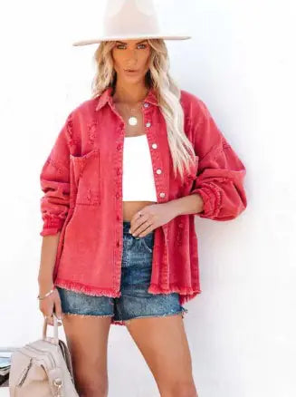 Women’s Distressed Jean Jacket – Casual Ripped Denim Coat