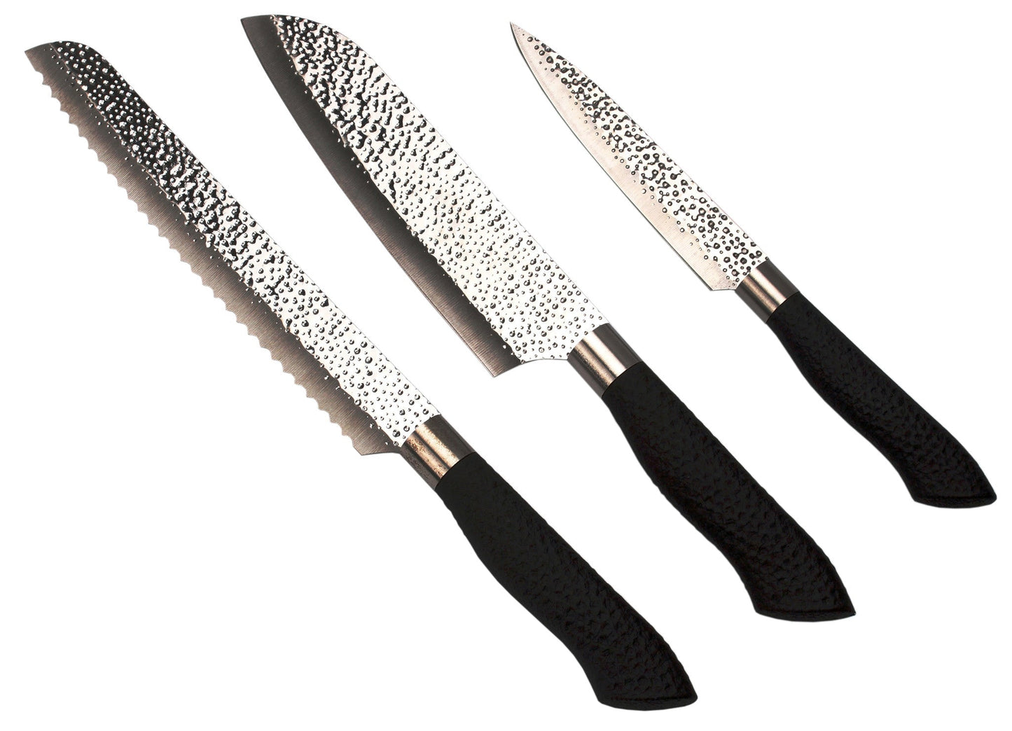 3-Piece Kitchen Knife Set – Embossed Hammered Blades | Santoku, Bread & Utility