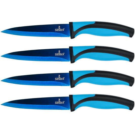 4-Piece Steak Knife Set – Blue Handle with Titanium-Coated Blades | Rust-Resistant & Stylish