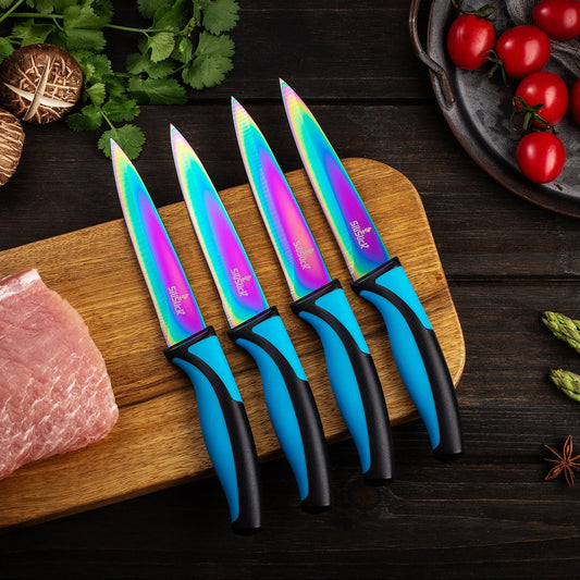 4-Piece Steak Knife Set – Blue Handle, Serrated Stainless Steel Blades