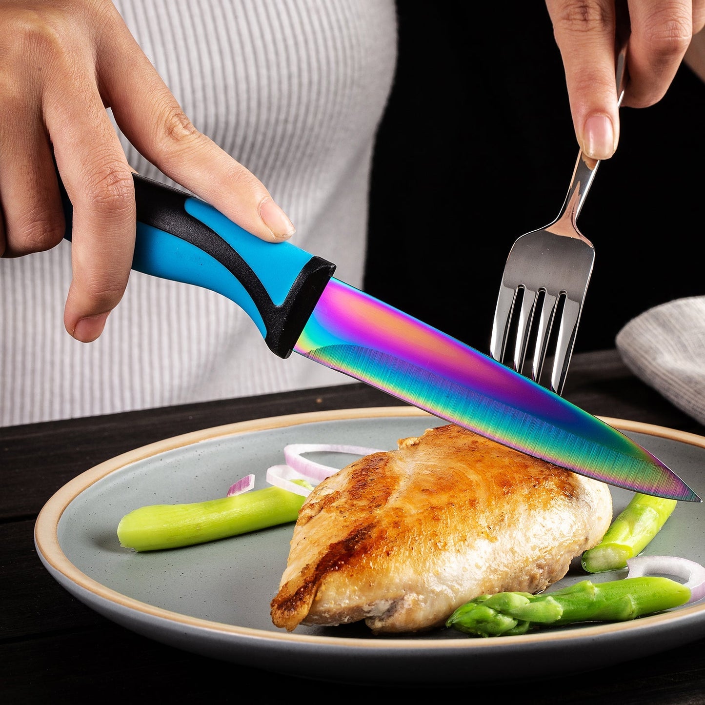 4-Piece Steak Knife Set – Blue Handle, Serrated Stainless Steel Blades
