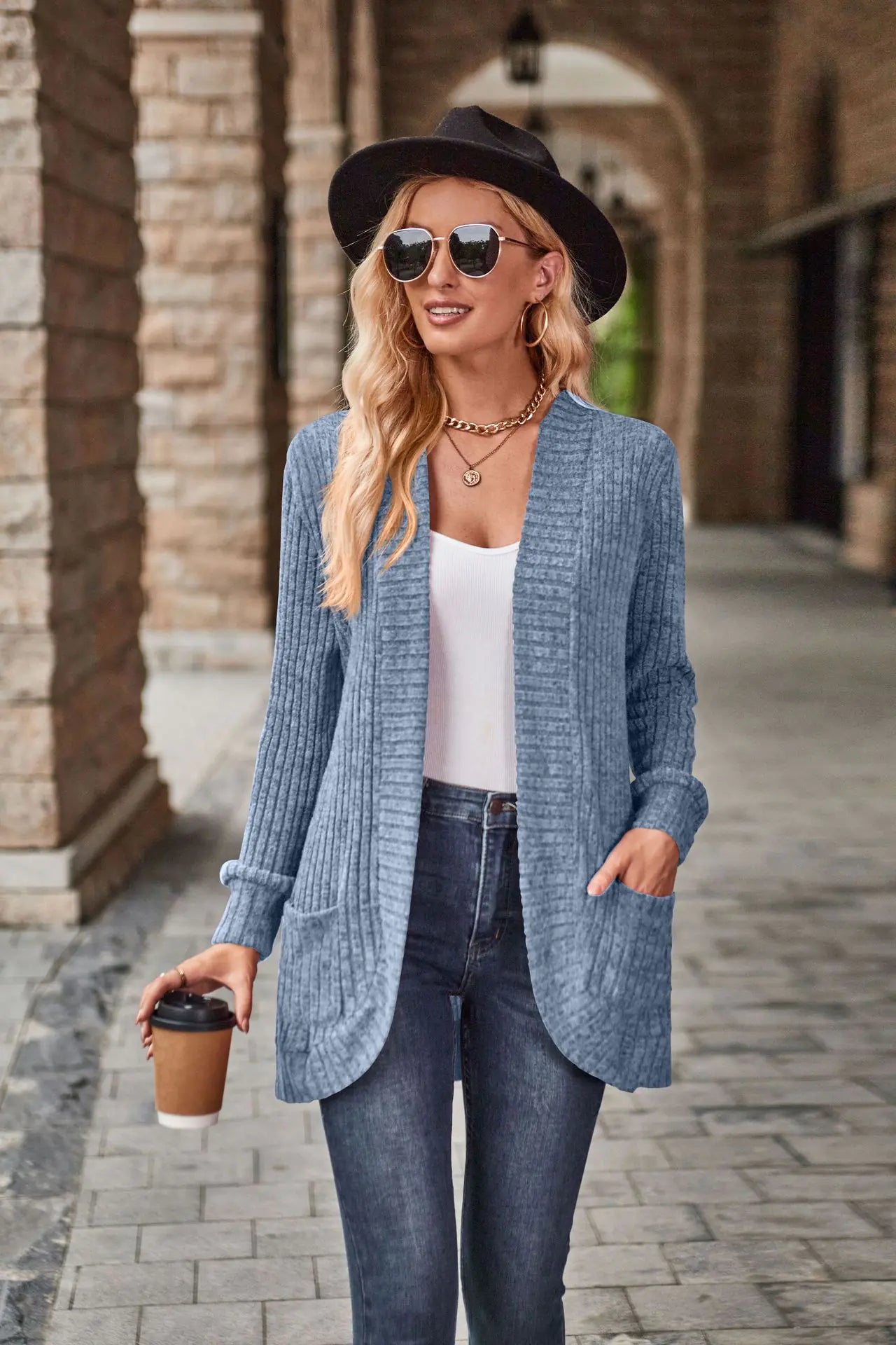 2023 Autumn New Solid Color Striped Long Sleeve Cardigan