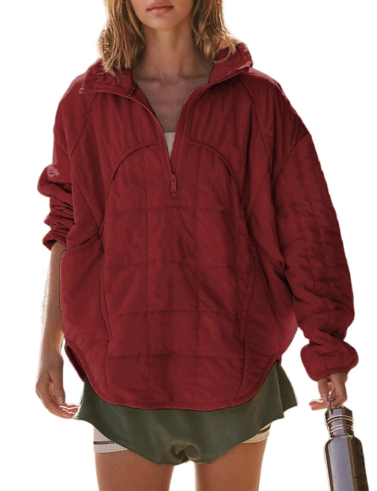 Daacee 2024 Oversized Lightweight Quilted Pullover Jacket for Women Casual Half Zip Up Puffer Jackets Padded Outwear with 4 Pockets(0760-Red-M)