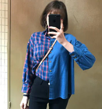 2018 Spring Korean Style Color Block Plaid Shirt for Women