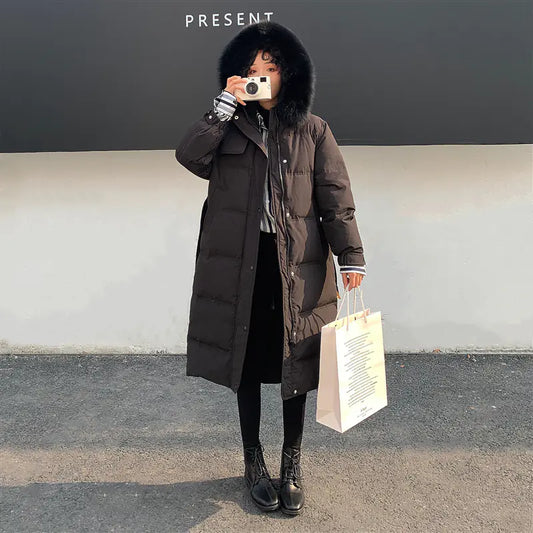 Korean Long Down Jacket with Fur Collar for Women