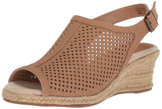 Easy Street Womens Stacy Wedge Sandal tan Linen Print 8