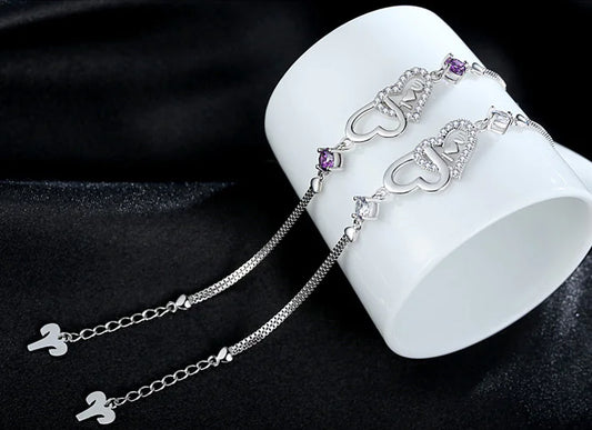 925 Sterling Silver Double Heart Bracelet – Crystal Zirconia Charm Jewelry for Women