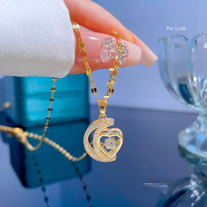 Titanium Steel Heart Moon Necklace for Women