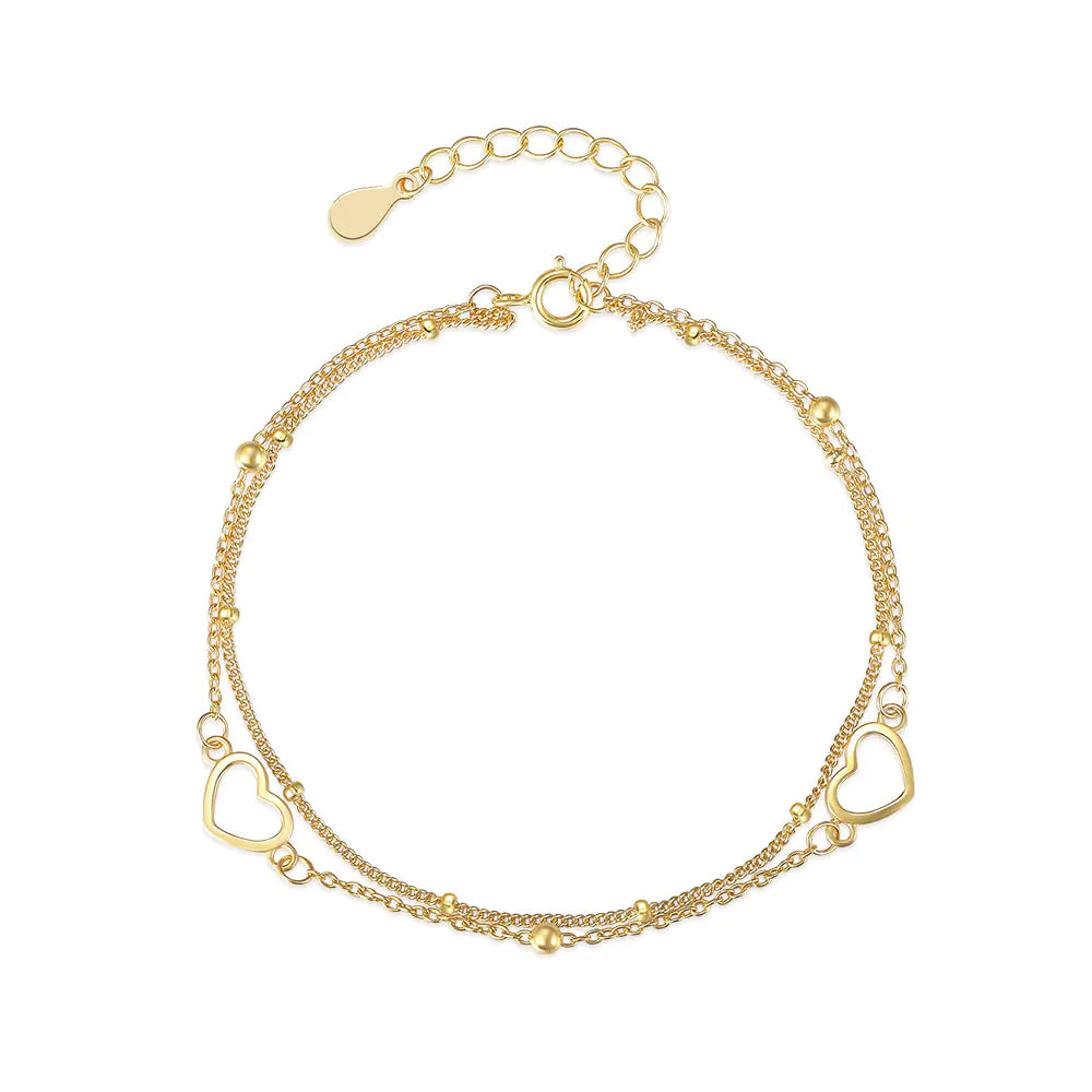 S925 Sterling Silver Double Layer Heart Bracelet for Women – Elegant Dainty Jewelry Gift