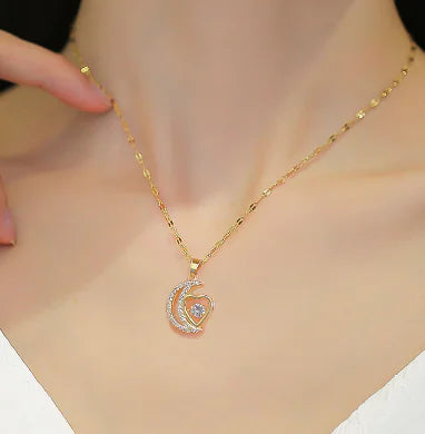 Titanium Steel Heart Moon Necklace for Women