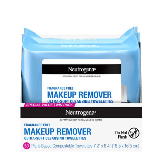 Neutrogena Cleansing Fragrance Free Makeup Remover Face Wipes Cleansing Facial Towelettes for Waterproof Makeup Alcohol-Free Unscented 100% Plant-Based Fibers Twin Pack 2 x 25 ct