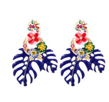 Exaggerated Flower Leaf Earrings with Rhinestones