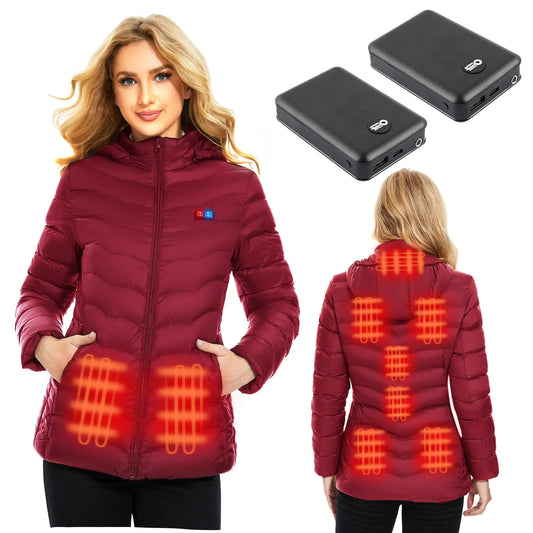QTREE intelligence Heated Jacket for women with 2PCS 10000mAh Power Bank 9 Heating Areas Winter Slim Fit Jackets and Detachable Hood(XL)