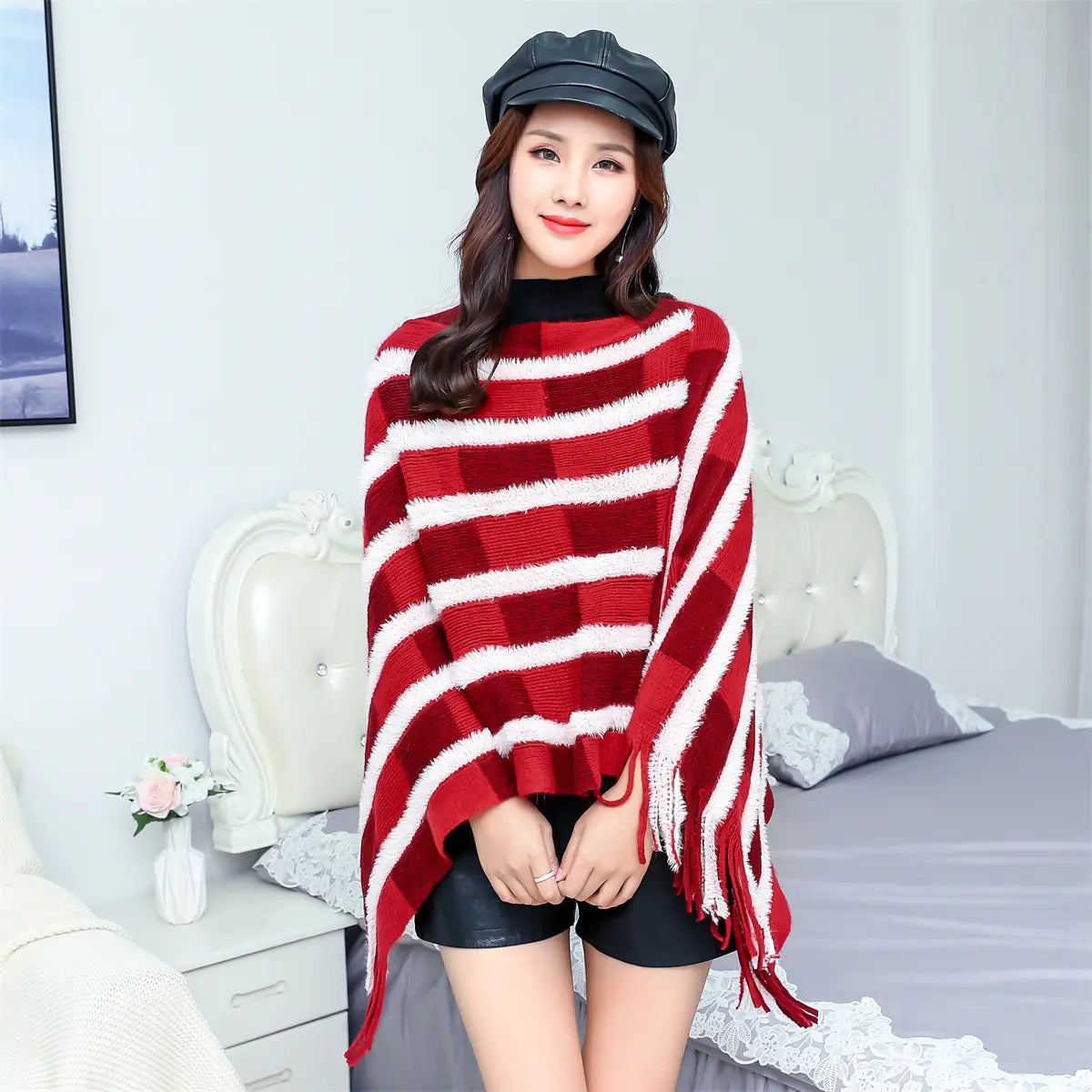 V-Neck Striped Fringe Shawl Knit Sweater Cape